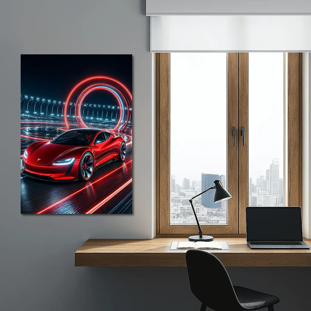 Tesla Roadster Red Neon Racing Track Night – Wall Art