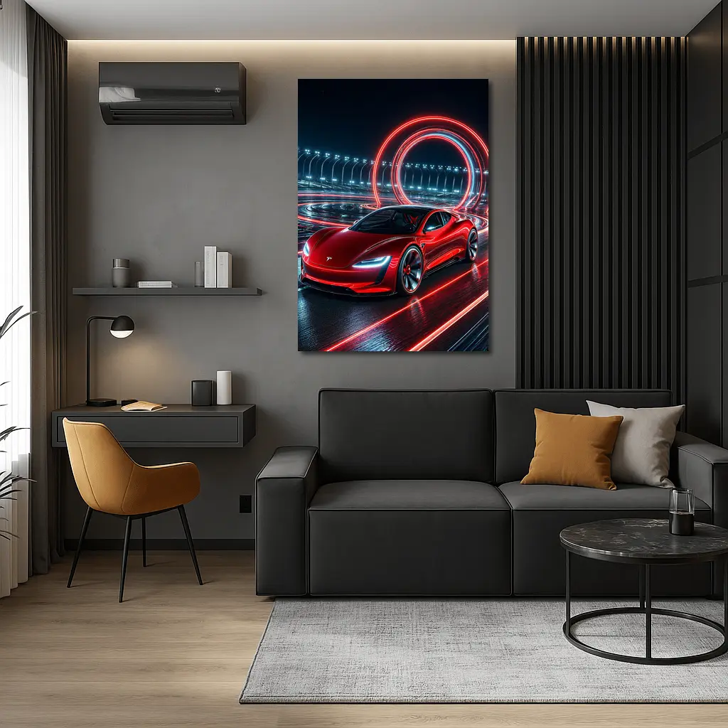 Tesla Roadster Red Neon Racing Track Night – Wall Art