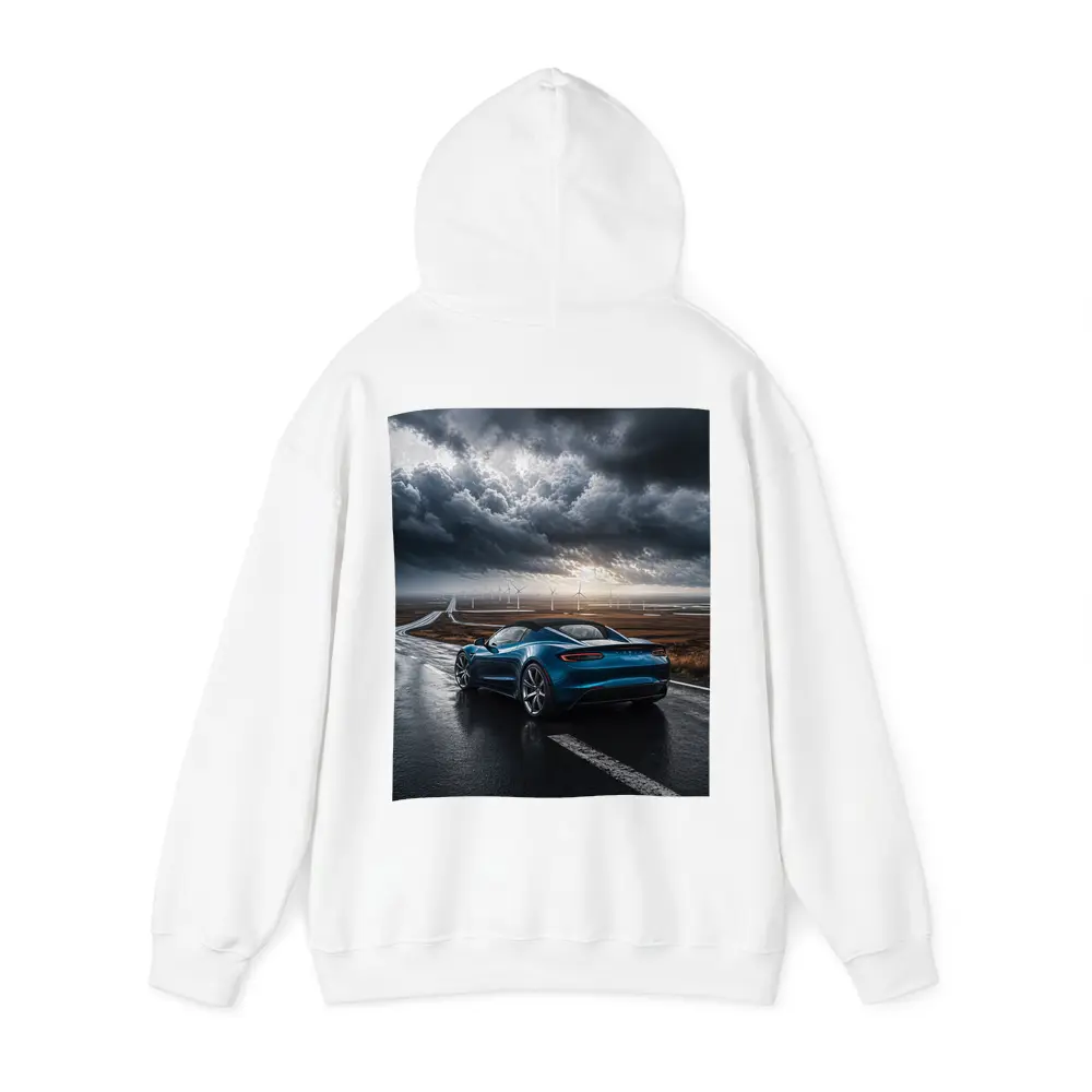 Tesla Roadster Blue Sports Car Stormy Road – Hoodies