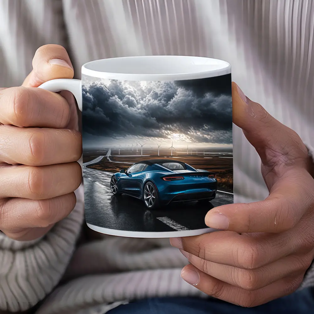Tesla Roadster Blue Sports Car Stormy Road – Mugs