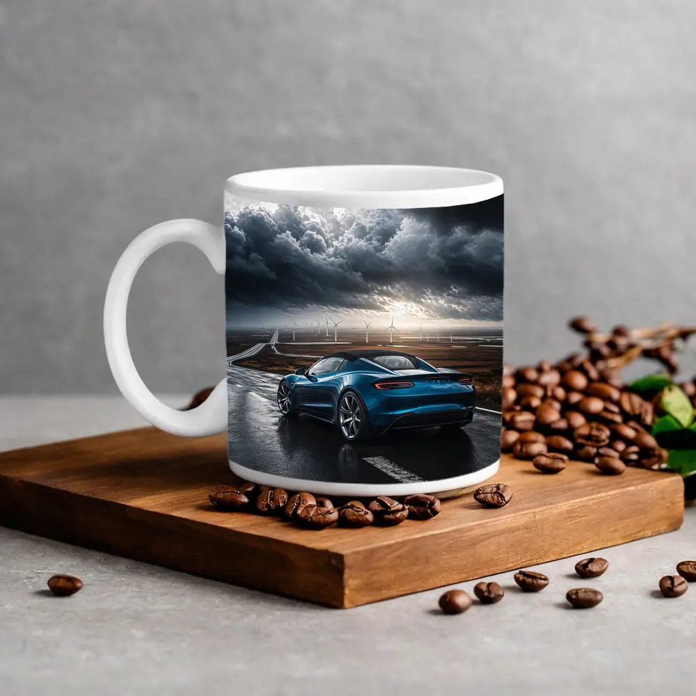 Tesla Roadster Blue Sports Car Stormy Road – Mugs