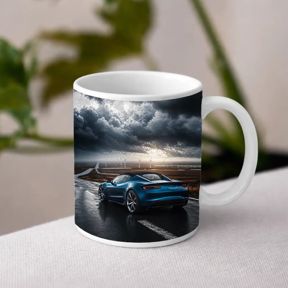 Tesla Roadster Blue Sports Car Stormy Road – Mugs