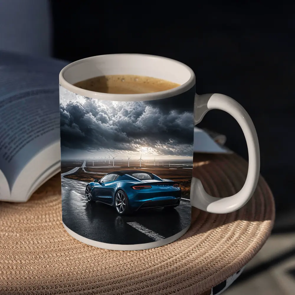 Tesla Roadster Blue Sports Car Stormy Road – Mugs