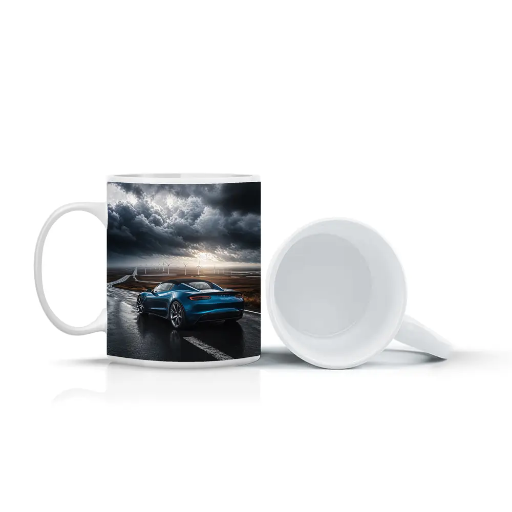 Tesla Roadster Blue Sports Car Stormy Road – Mugs