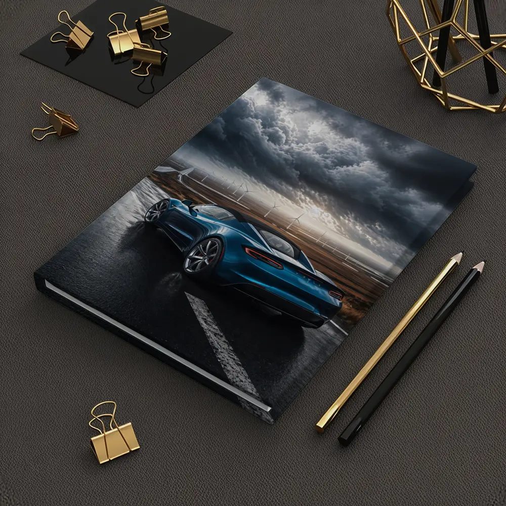 Tesla Roadster Blue Sports Car Stormy Road – Notebooks