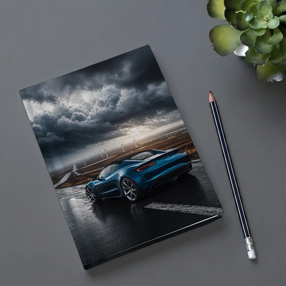 Tesla Roadster Blue Sports Car Stormy Road – Notebooks