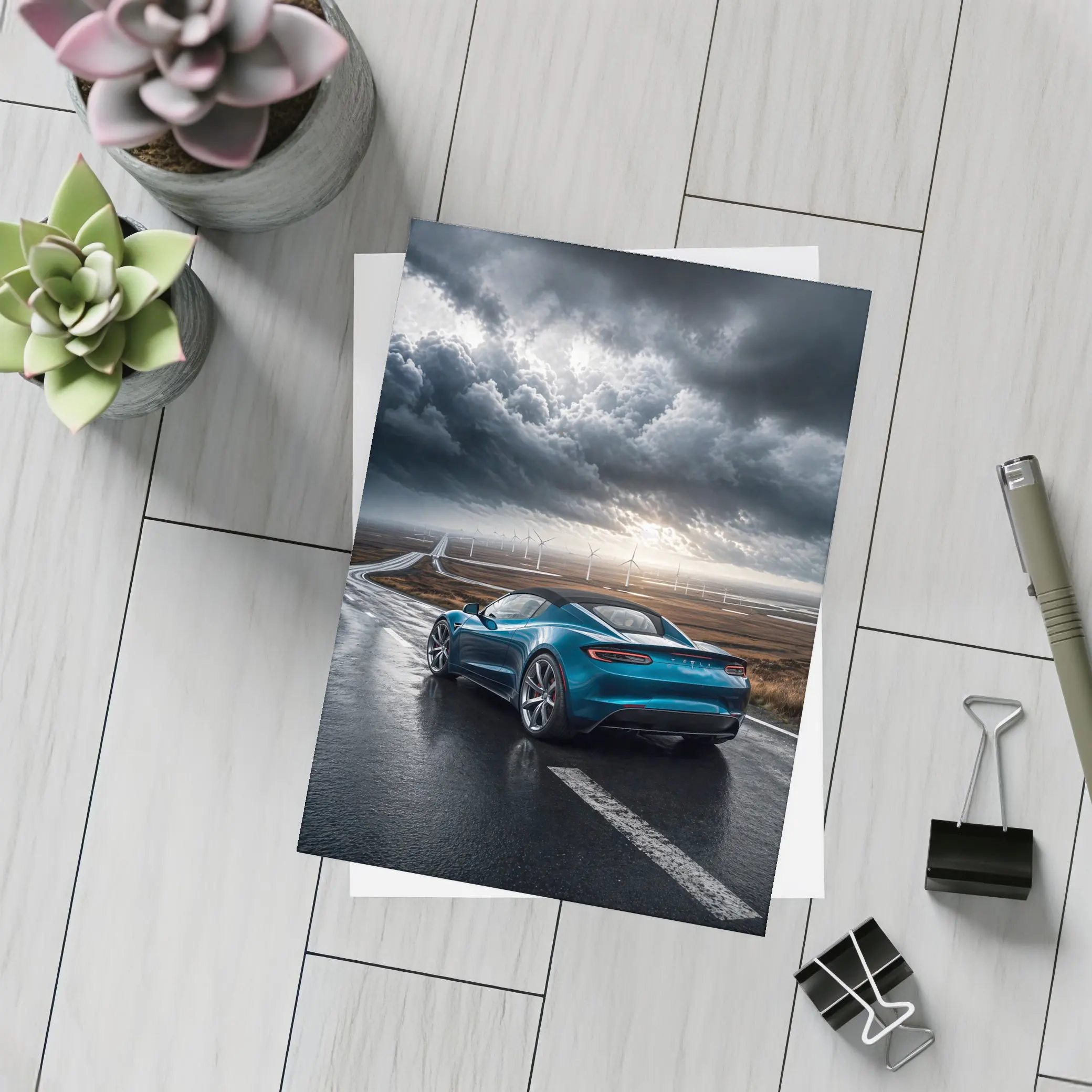 Tesla Roadster Blue Sports Car Stormy Road – Postcards