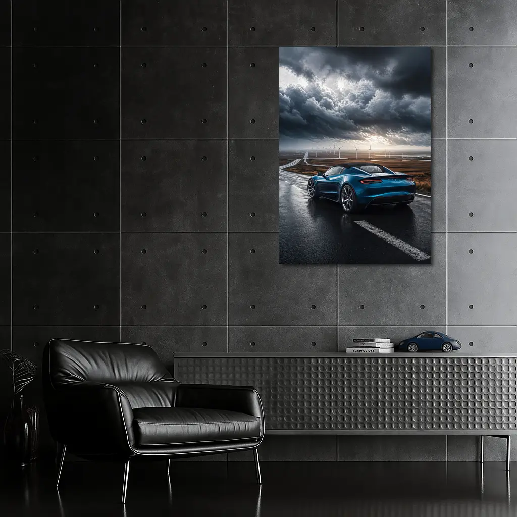 Tesla Roadster Blue Sports Car Stormy Road – Wall Art