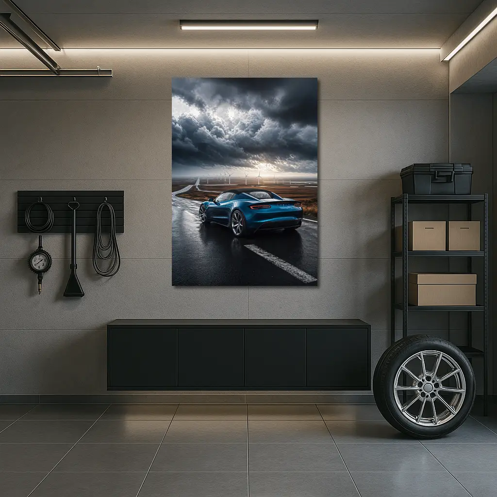 Tesla Roadster Blue Sports Car Stormy Road – Wall Art