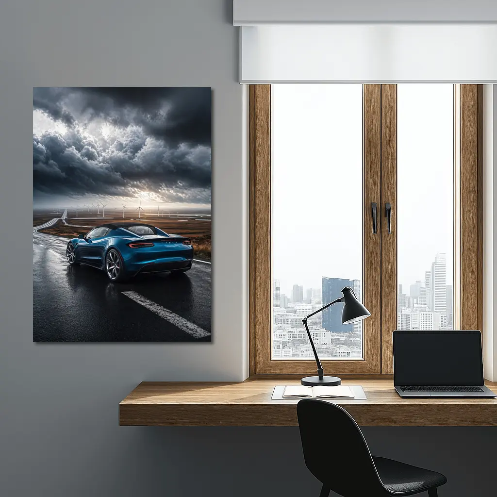 Tesla Roadster Blue Sports Car Stormy Road – Wall Art