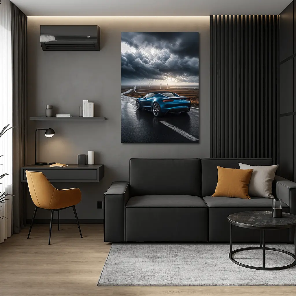 Tesla Roadster Blue Sports Car Stormy Road – Wall Art