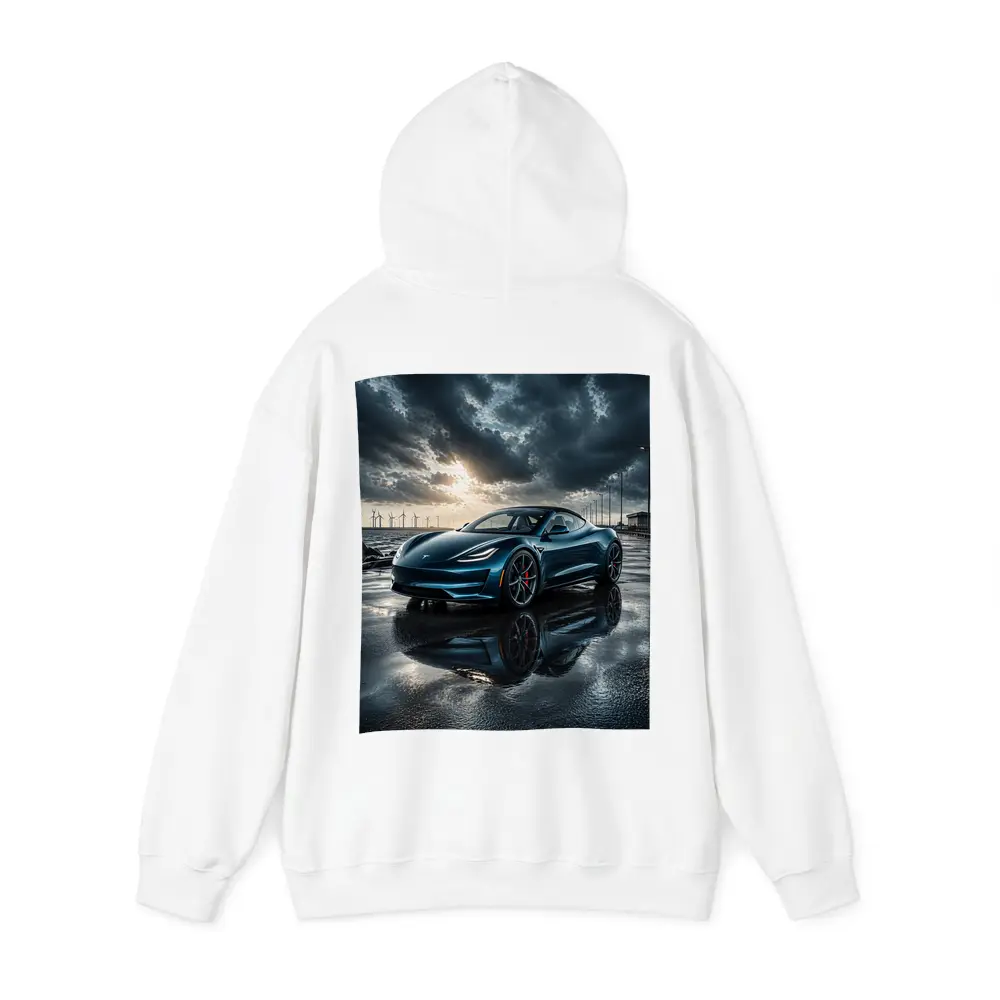 Tesla Roadster Wet Pavement Dramatic Cloudy Sky – Hoodies