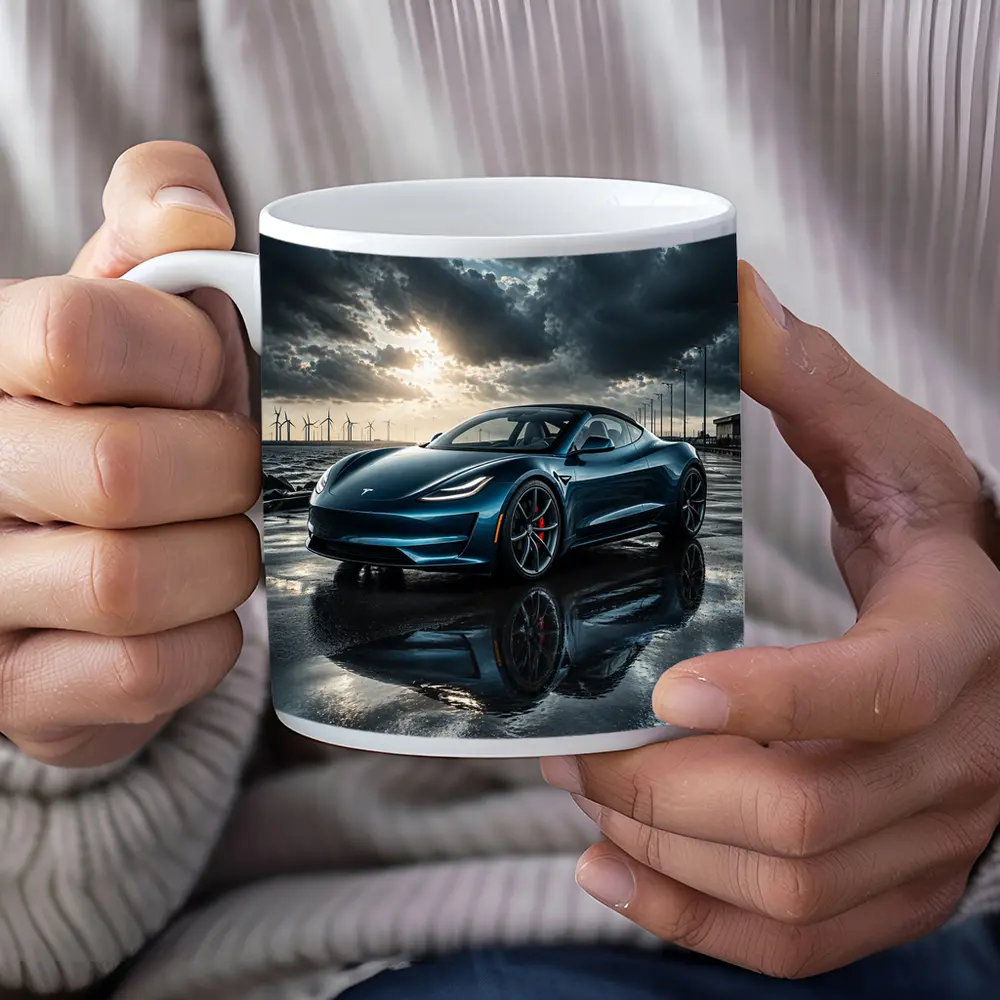 Tesla Roadster Wet Pavement Dramatic Cloudy Sky – Mugs