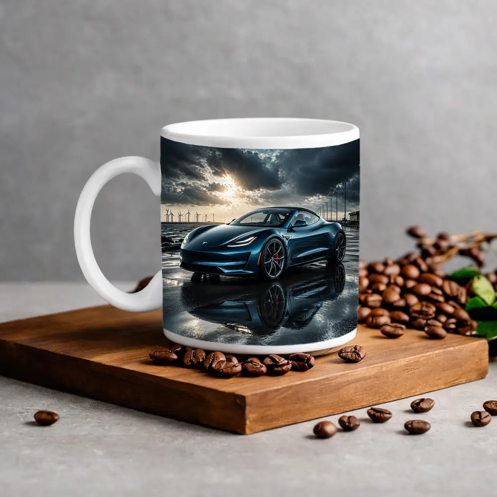 Tesla Roadster Wet Pavement Dramatic Cloudy Sky – Mugs