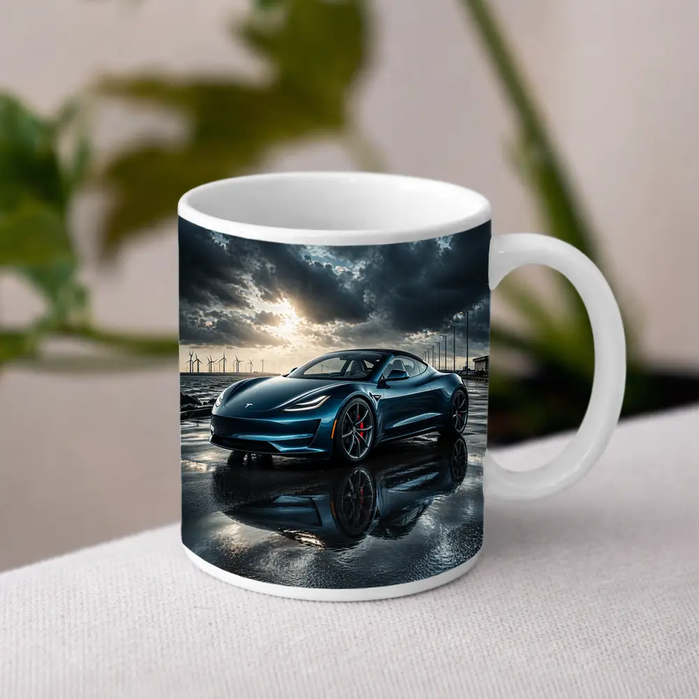 Tesla Roadster Wet Pavement Dramatic Cloudy Sky – Mugs