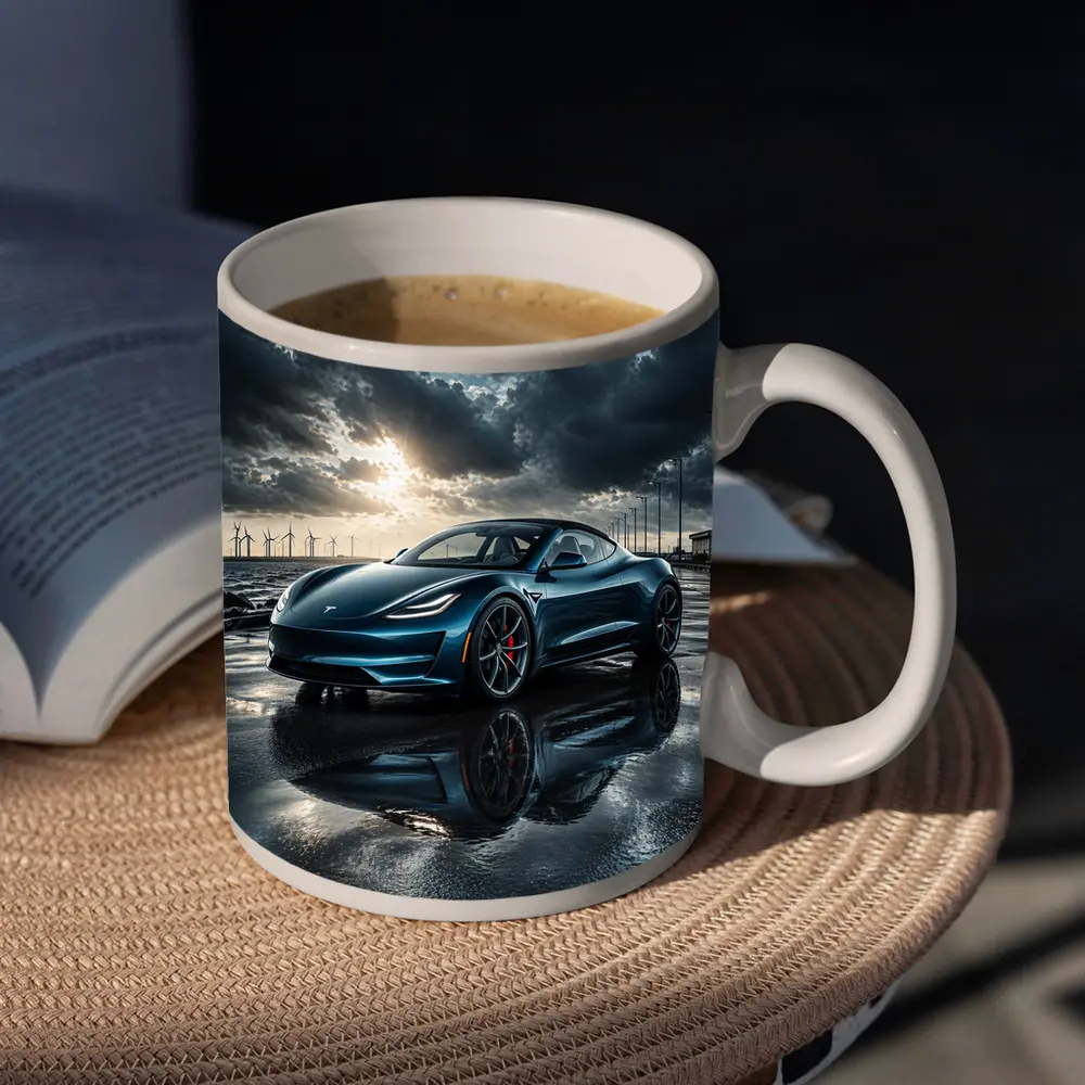 Tesla Roadster Wet Pavement Dramatic Cloudy Sky – Mugs