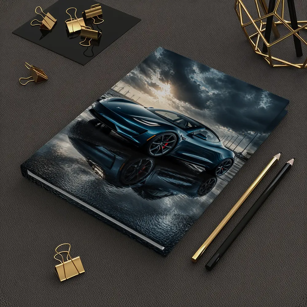 Tesla Roadster Wet Pavement Dramatic Cloudy Sky – Notebooks