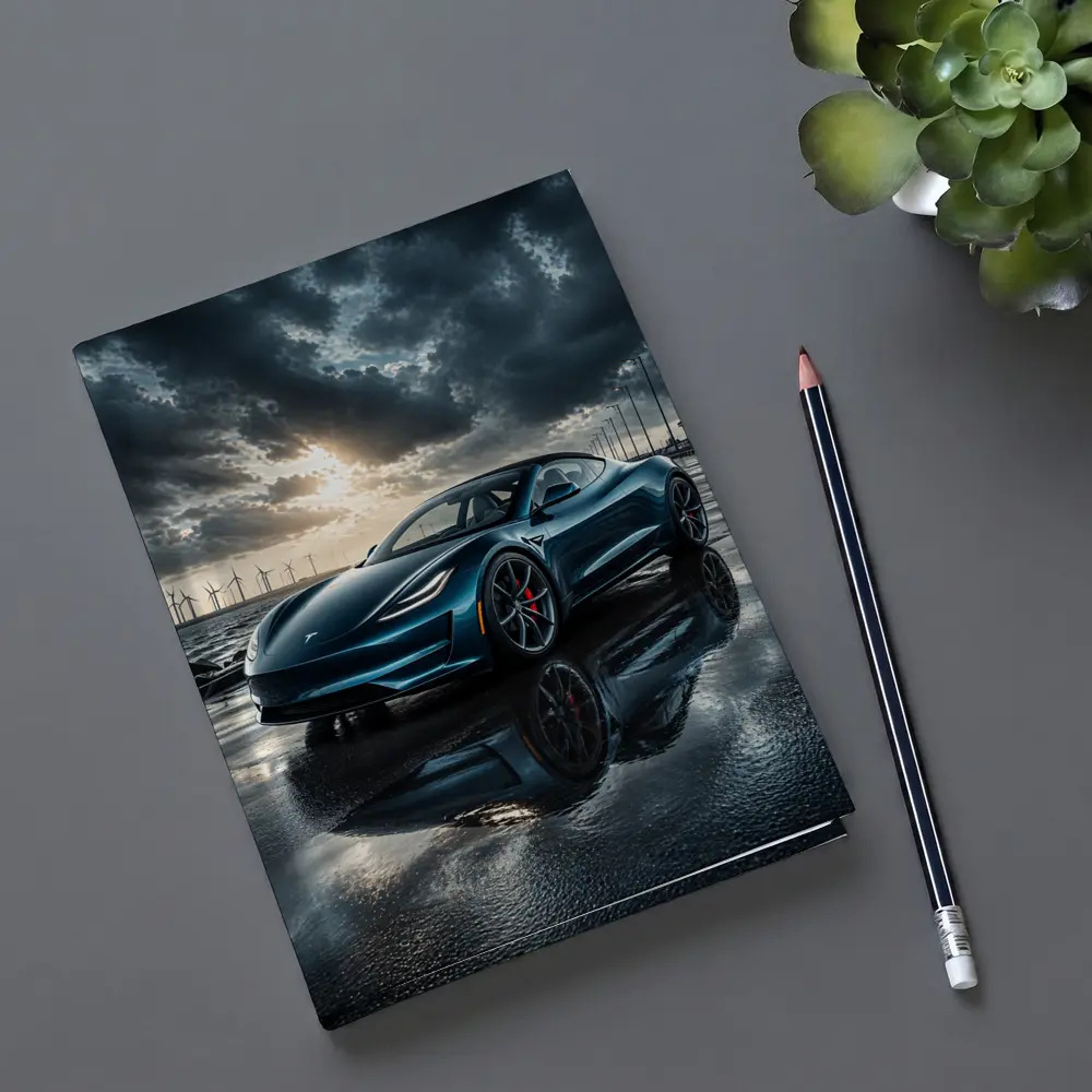 Tesla Roadster Wet Pavement Dramatic Cloudy Sky – Notebooks