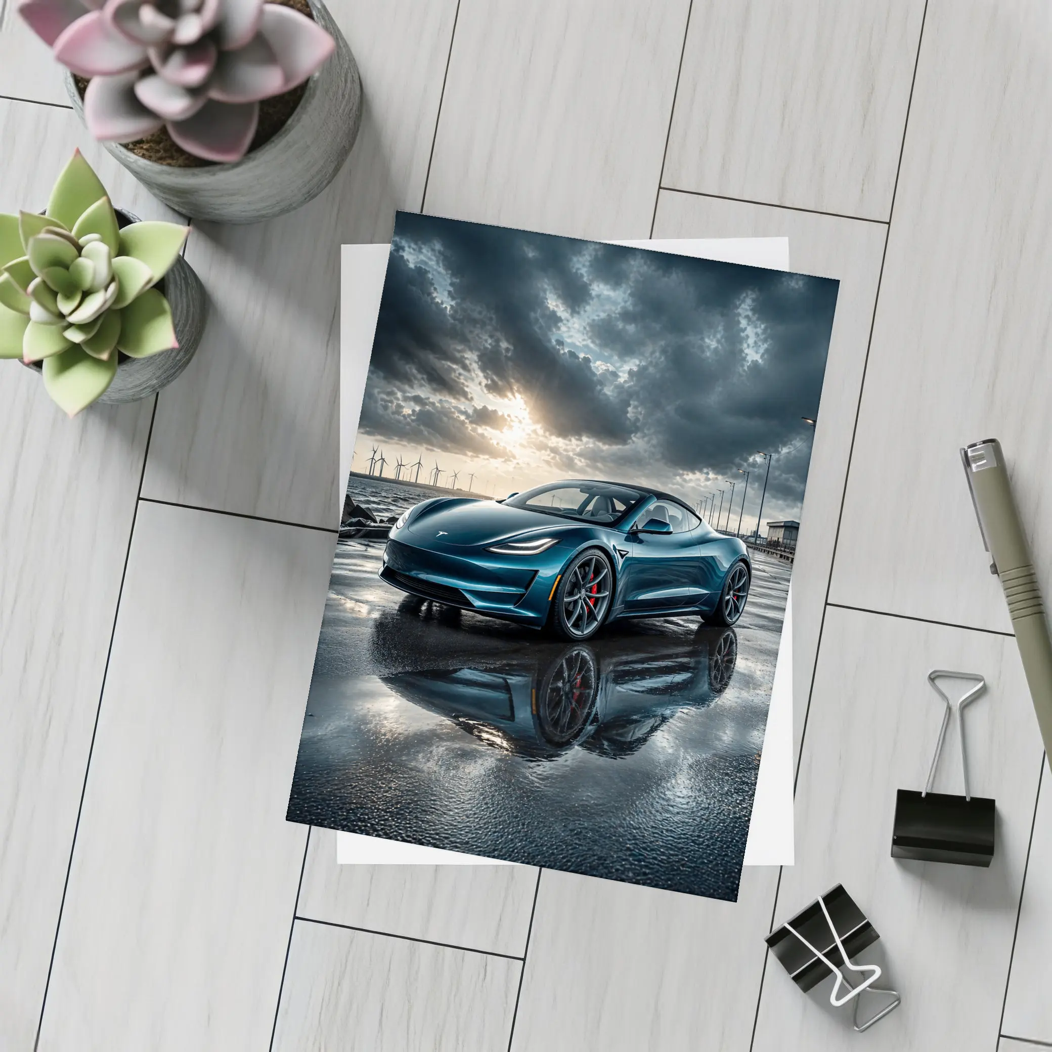 Tesla Roadster Wet Pavement Dramatic Cloudy Sky – Postcards