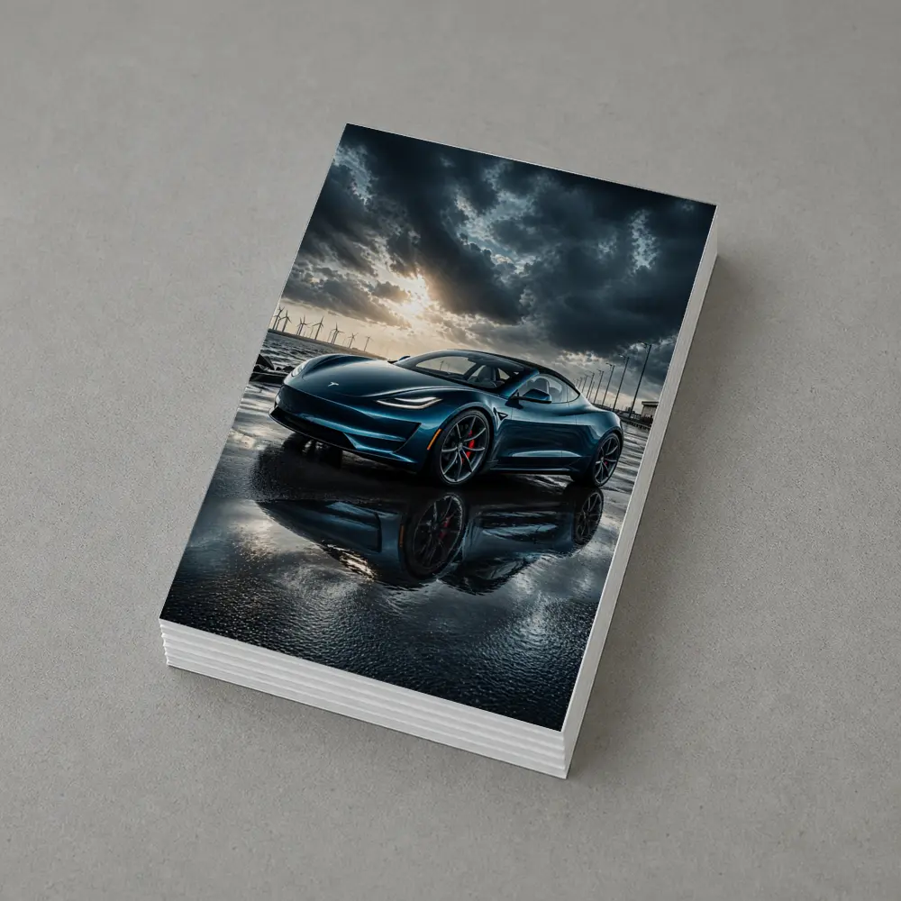 Tesla Roadster Wet Pavement Dramatic Cloudy Sky – Postcards