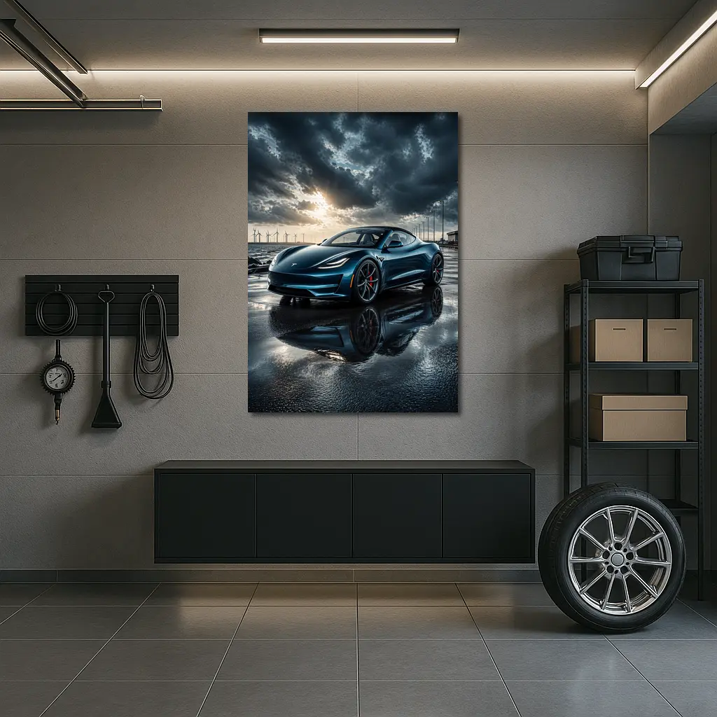 Tesla Roadster Wet Pavement Dramatic Cloudy Sky – Wall Art