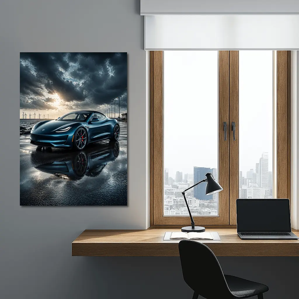Tesla Roadster Wet Pavement Dramatic Cloudy Sky – Wall Art