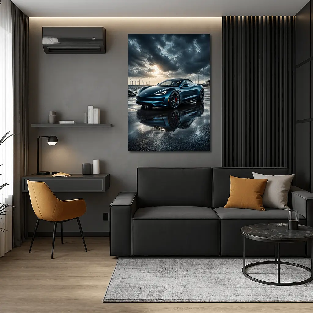 Tesla Roadster Wet Pavement Dramatic Cloudy Sky – Wall Art