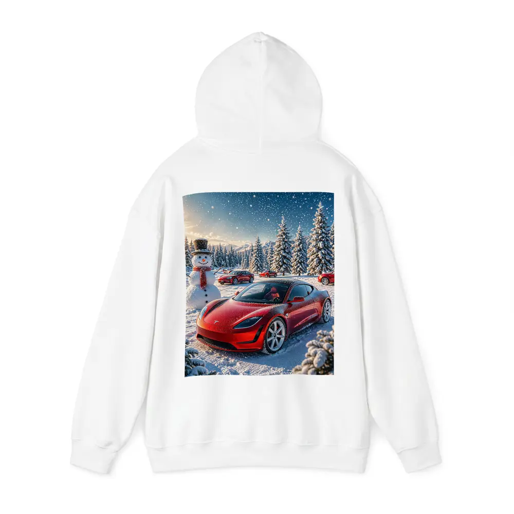 Tesla Roadster Red Car Snowy Winter Scene – Hoodies