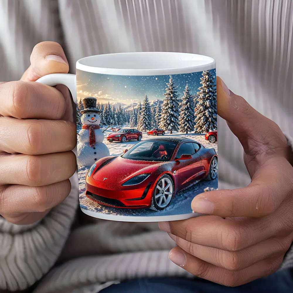 Tesla Roadster Red Car Snowy Winter Scene – Mugs