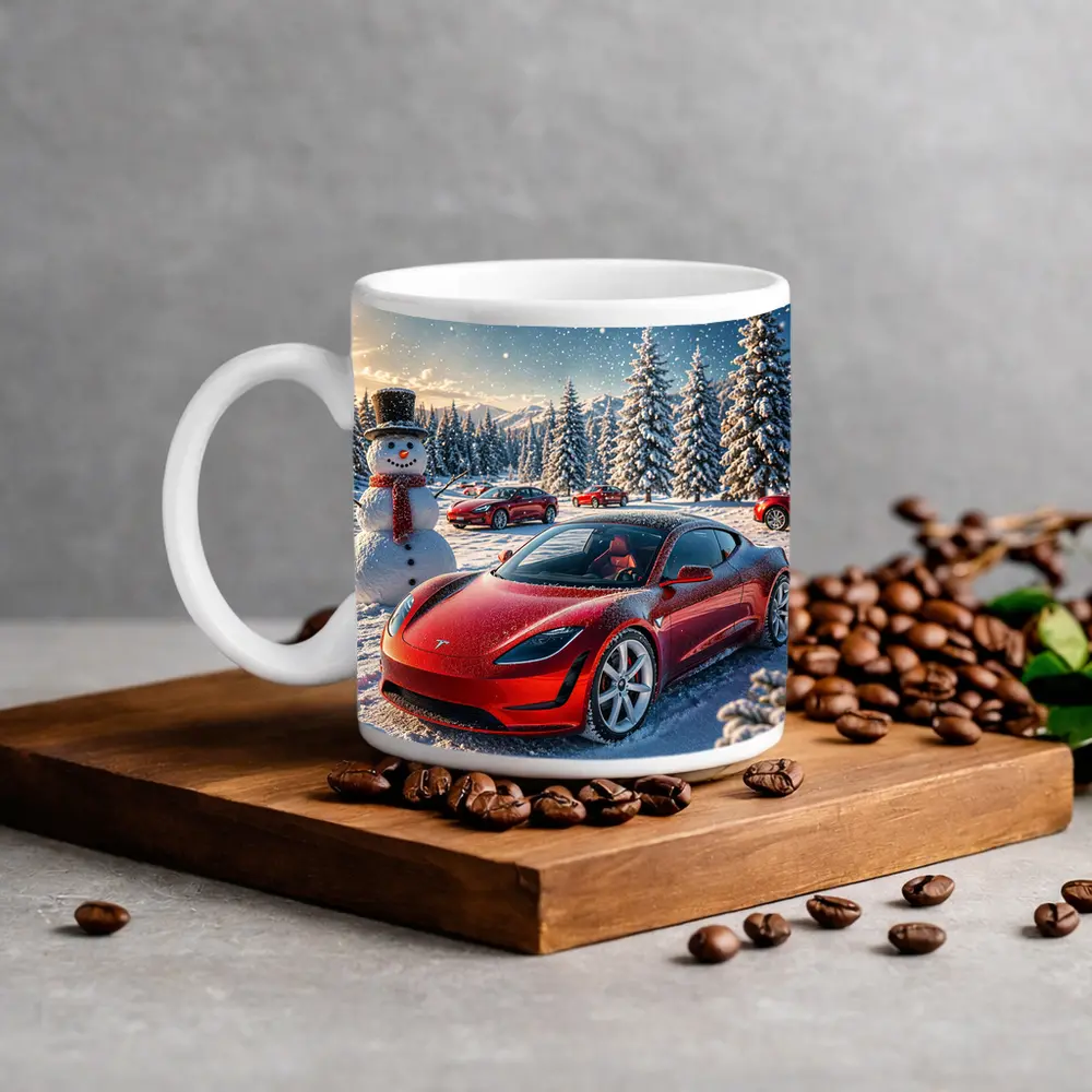 Tesla Roadster Red Car Snowy Winter Scene – Mugs