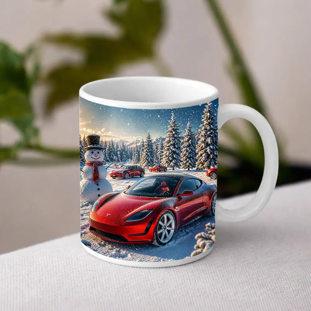 Tesla Roadster Red Car Snowy Winter Scene – Mugs