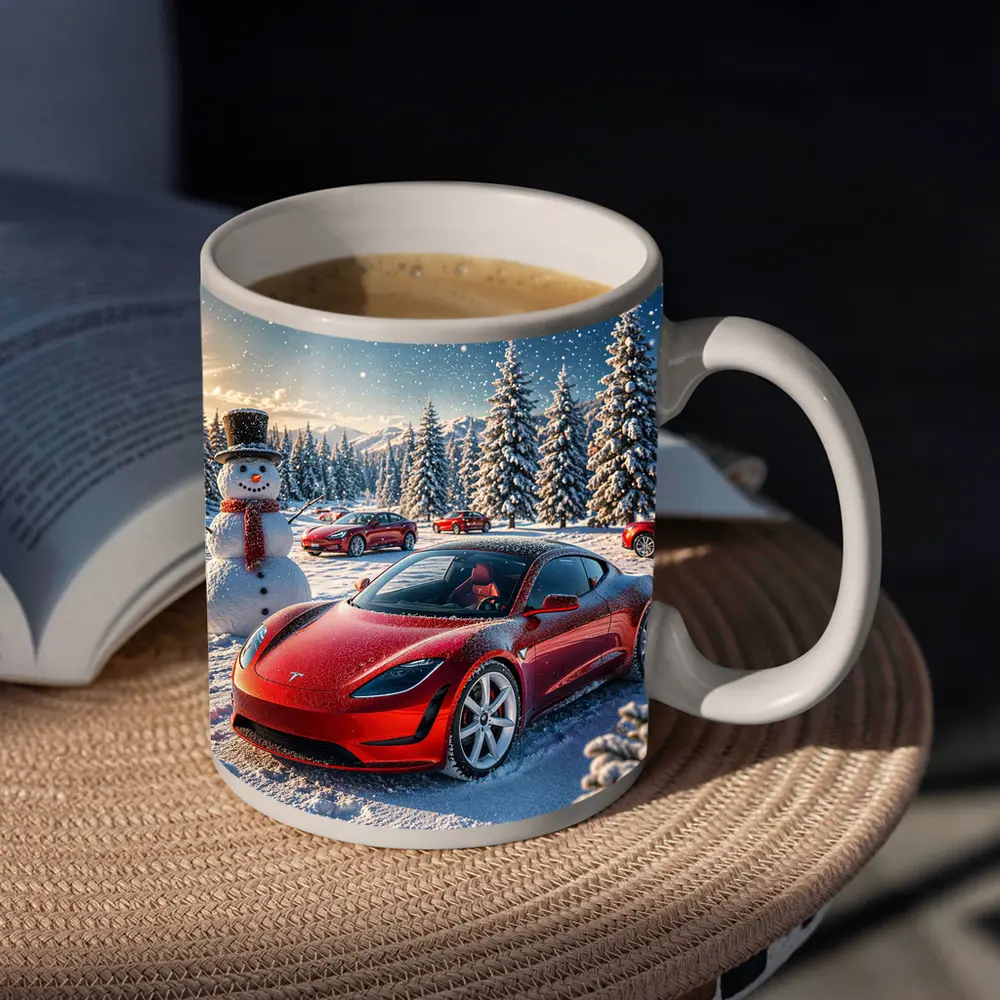 Tesla Roadster Red Car Snowy Winter Scene – Mugs