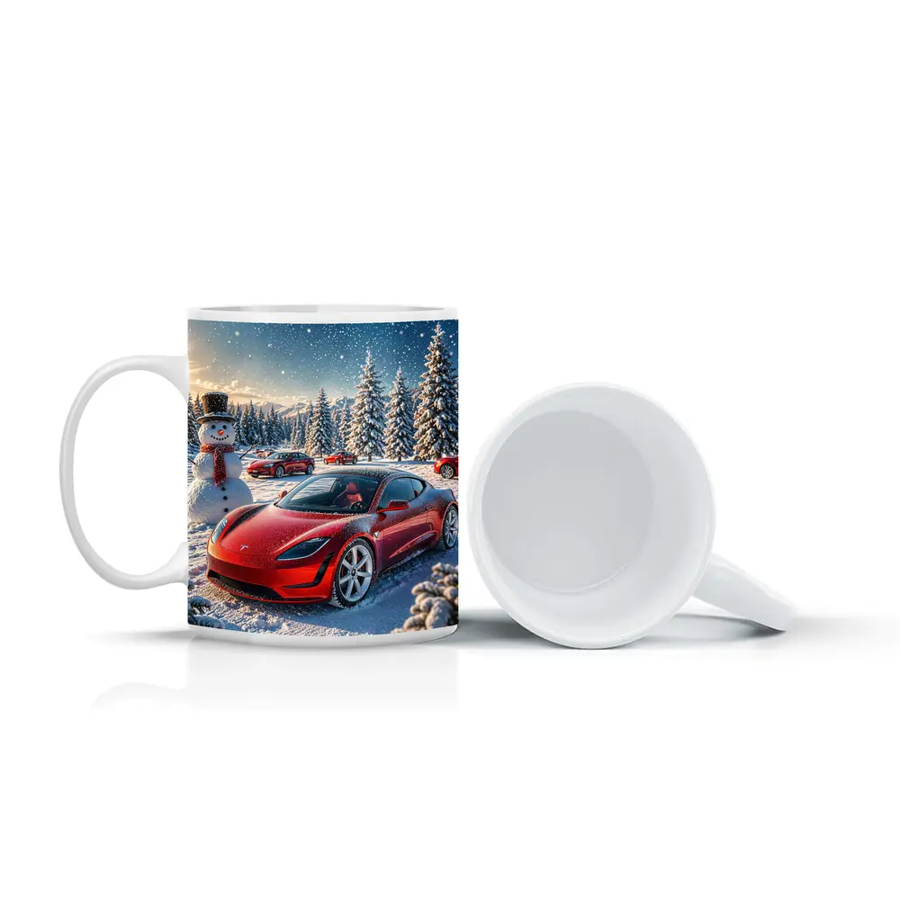 Tesla Roadster Red Car Snowy Winter Scene – Mugs