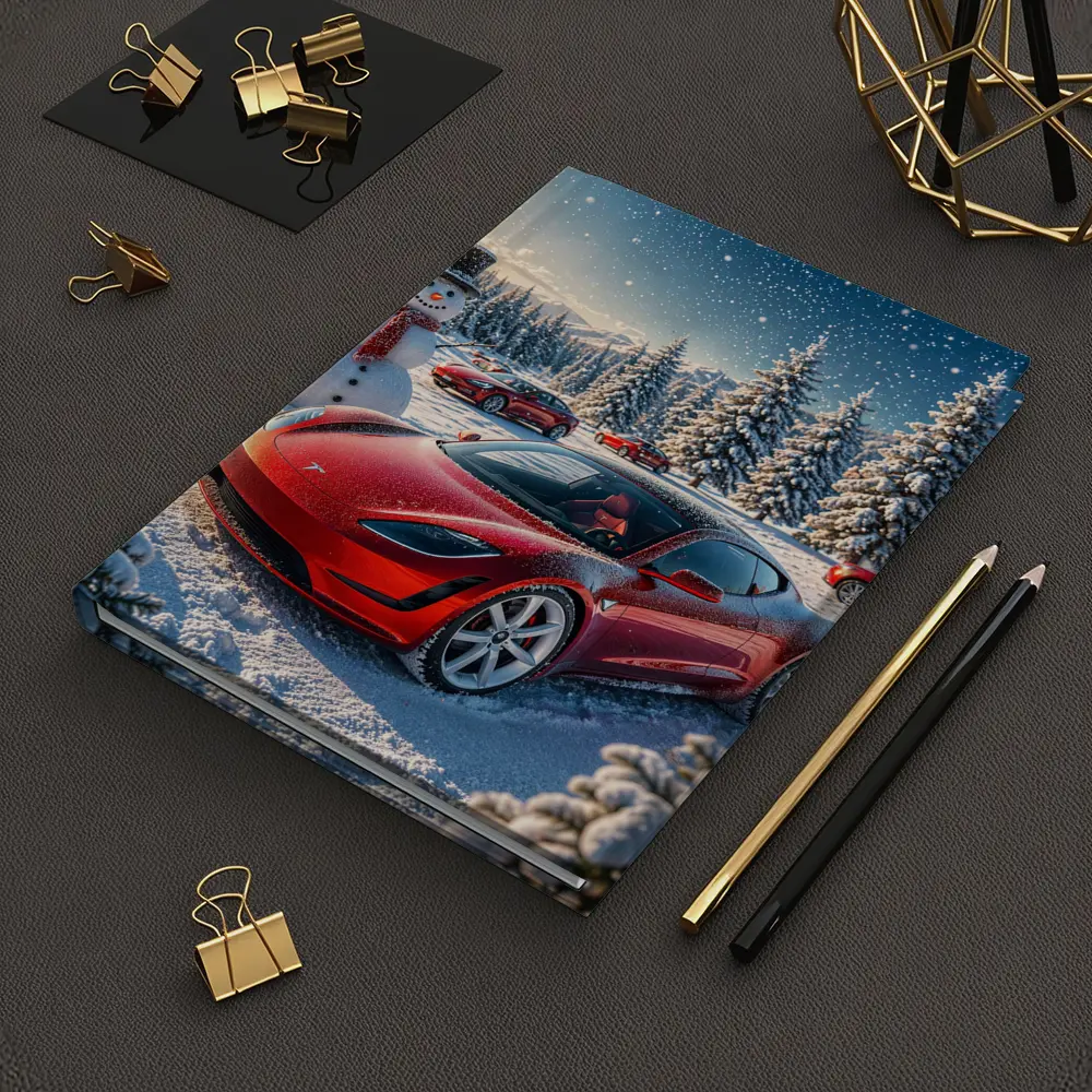 Tesla Roadster Red Car Snowy Winter Scene – Notebooks