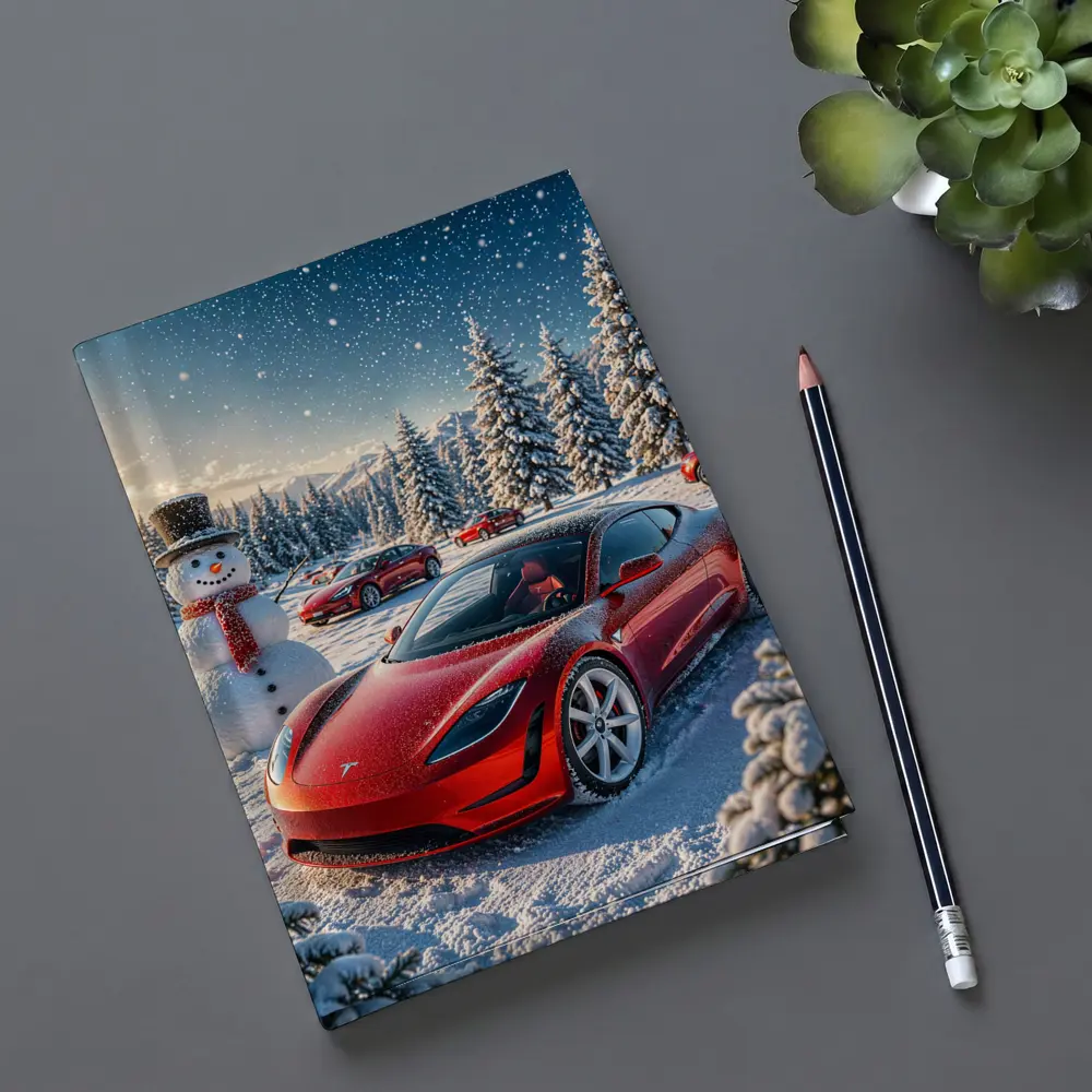 Tesla Roadster Red Car Snowy Winter Scene – Notebooks