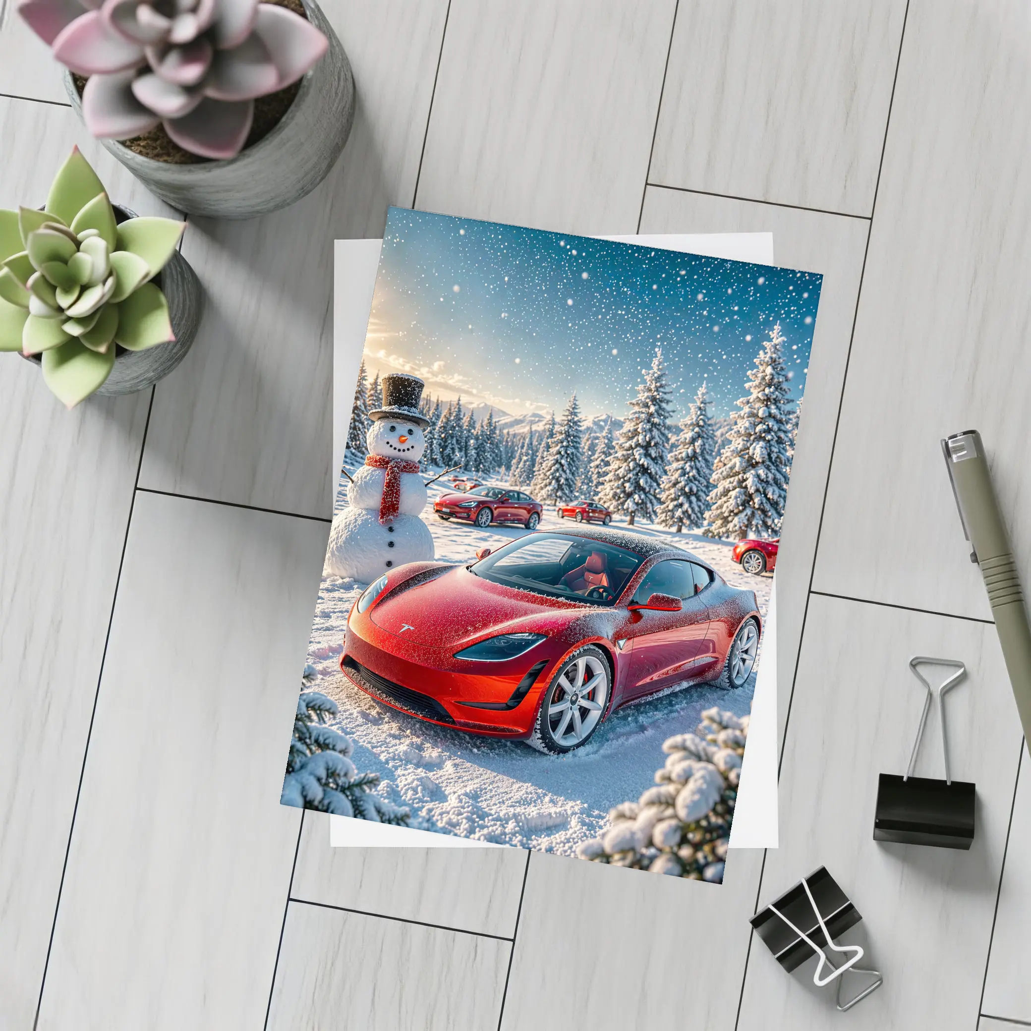 Tesla Roadster Red Car Snowy Winter Scene – Postcards