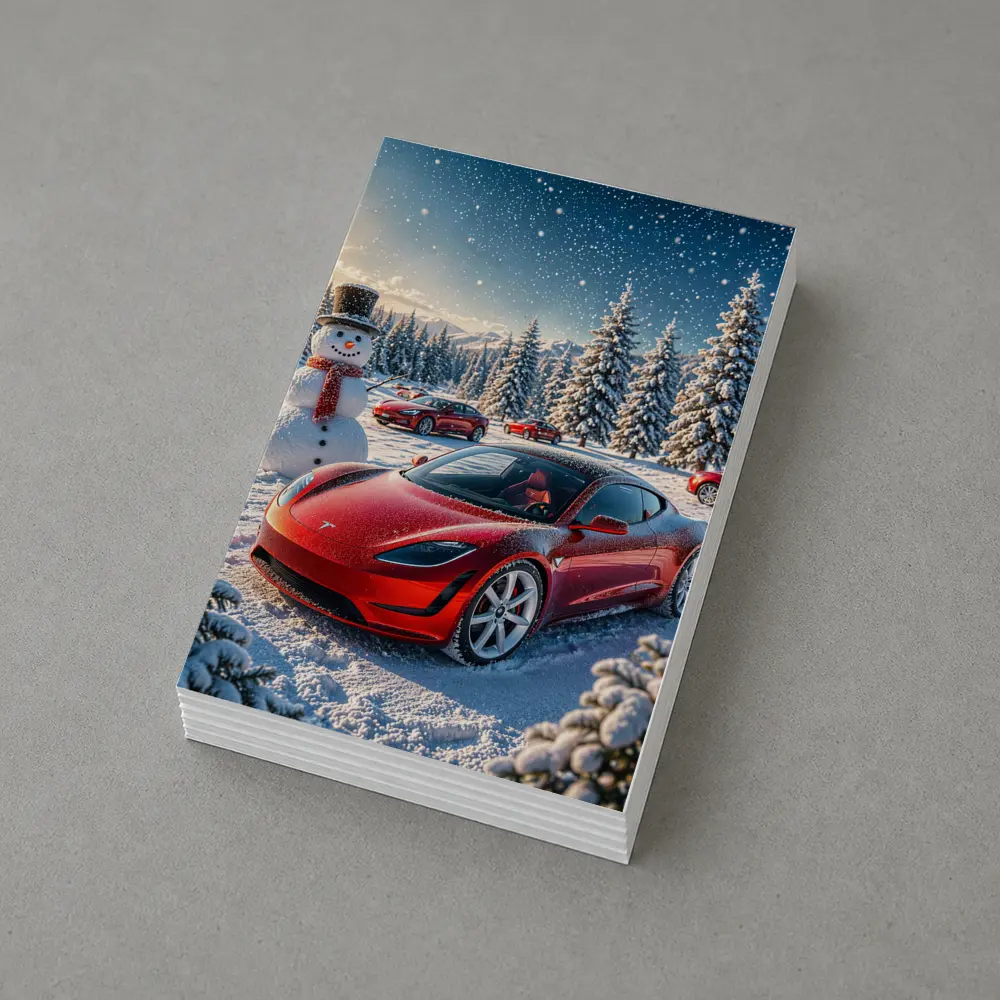 Tesla Roadster Red Car Snowy Winter Scene – Postcards