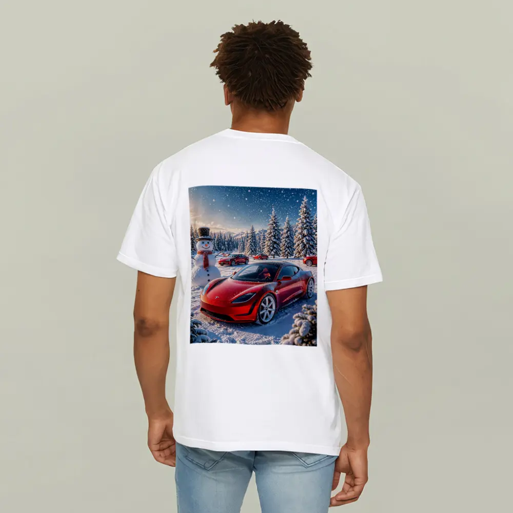 Tesla Roadster Red Car Snowy Winter Scene – T-Shirts