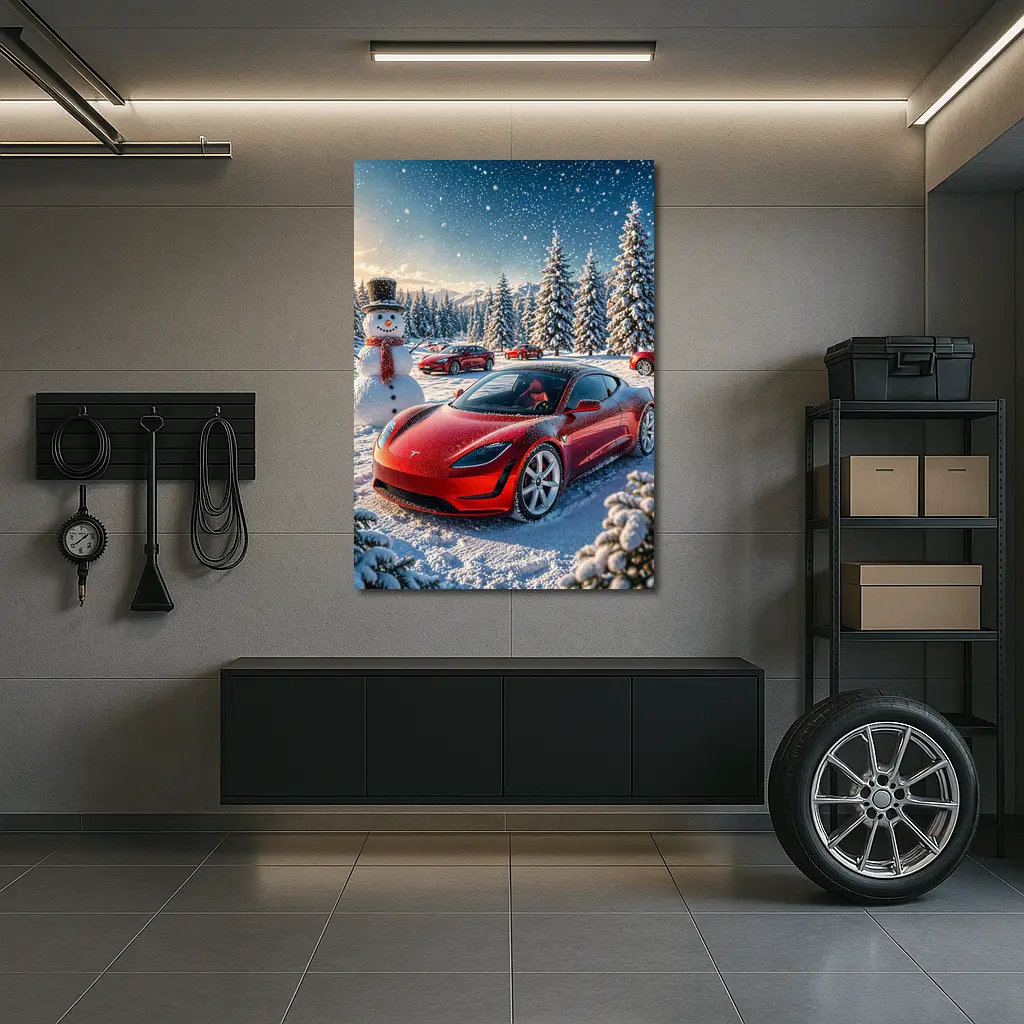 Tesla Roadster Red Car Snowy Winter Scene – Wall Art