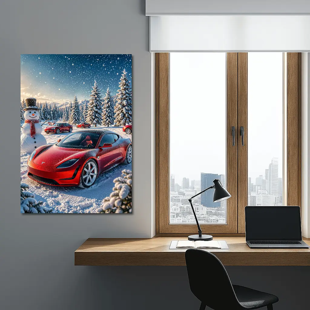 Tesla Roadster Red Car Snowy Winter Scene – Wall Art
