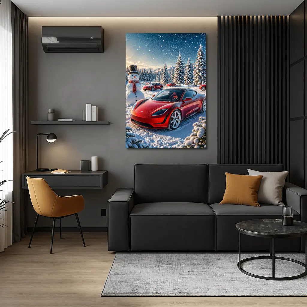 Tesla Roadster Red Car Snowy Winter Scene – Wall Art