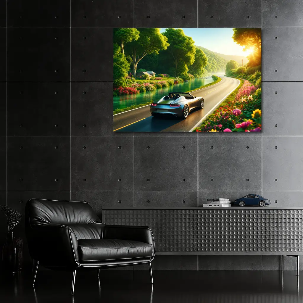 Tesla Roadster Convertible Scenic Country Road Drive – Wall Art