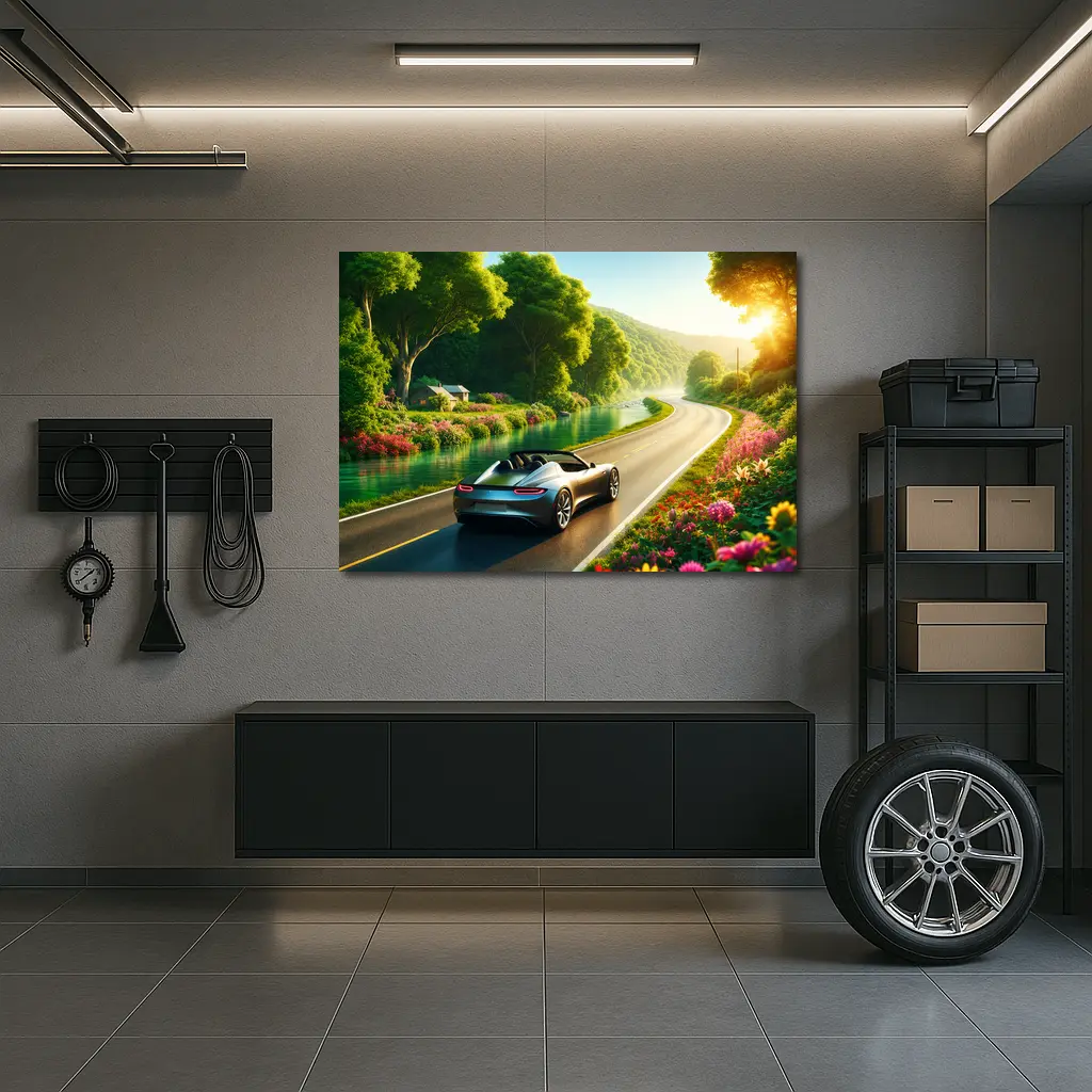 Tesla Roadster Convertible Scenic Country Road Drive – Wall Art