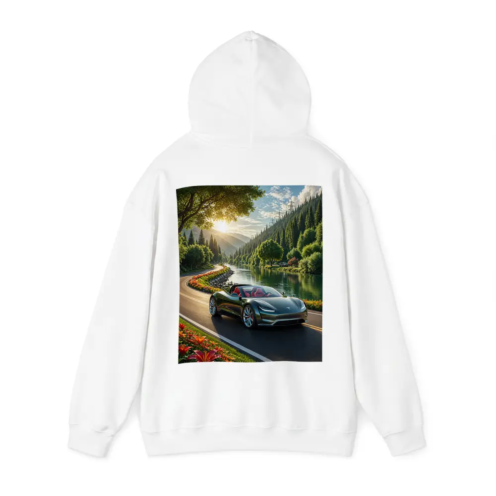 Tesla Roadster Speeding Along Scenic River Road – Hoodies
