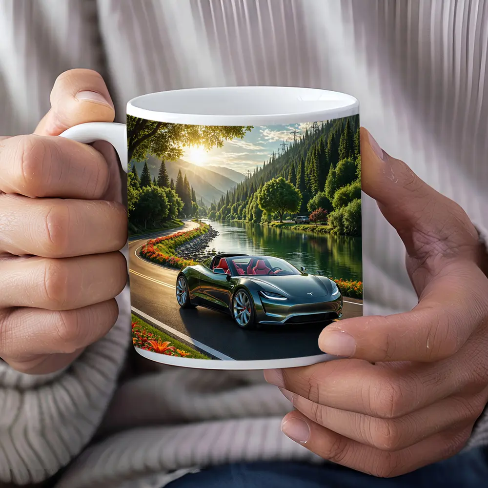 Tesla Roadster Speeding Along Scenic River Road – Mugs