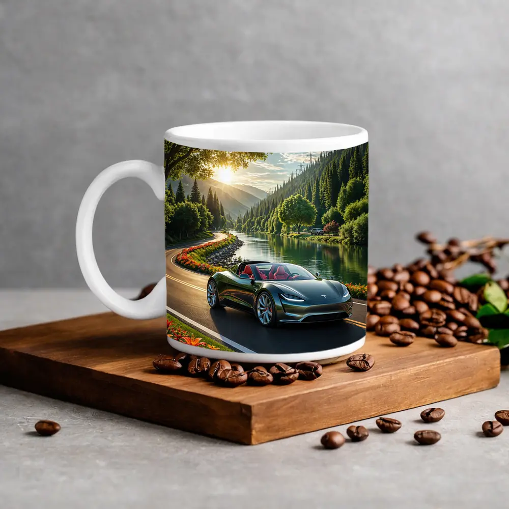 Tesla Roadster Speeding Along Scenic River Road – Mugs
