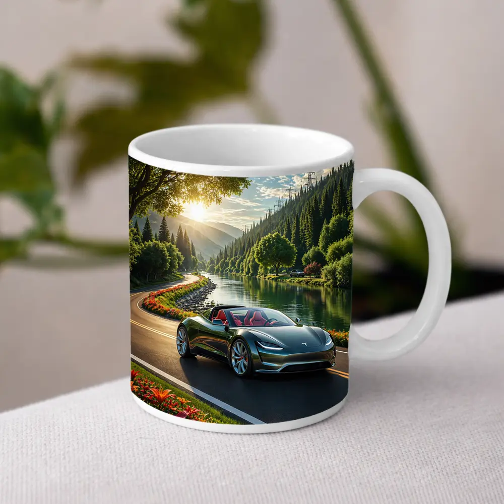 Tesla Roadster Speeding Along Scenic River Road – Mugs
