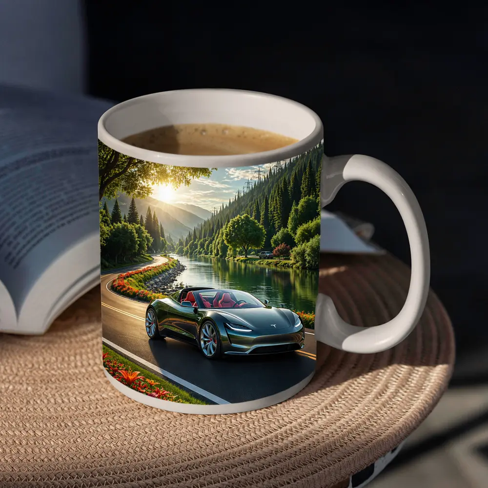 Tesla Roadster Speeding Along Scenic River Road – Mugs