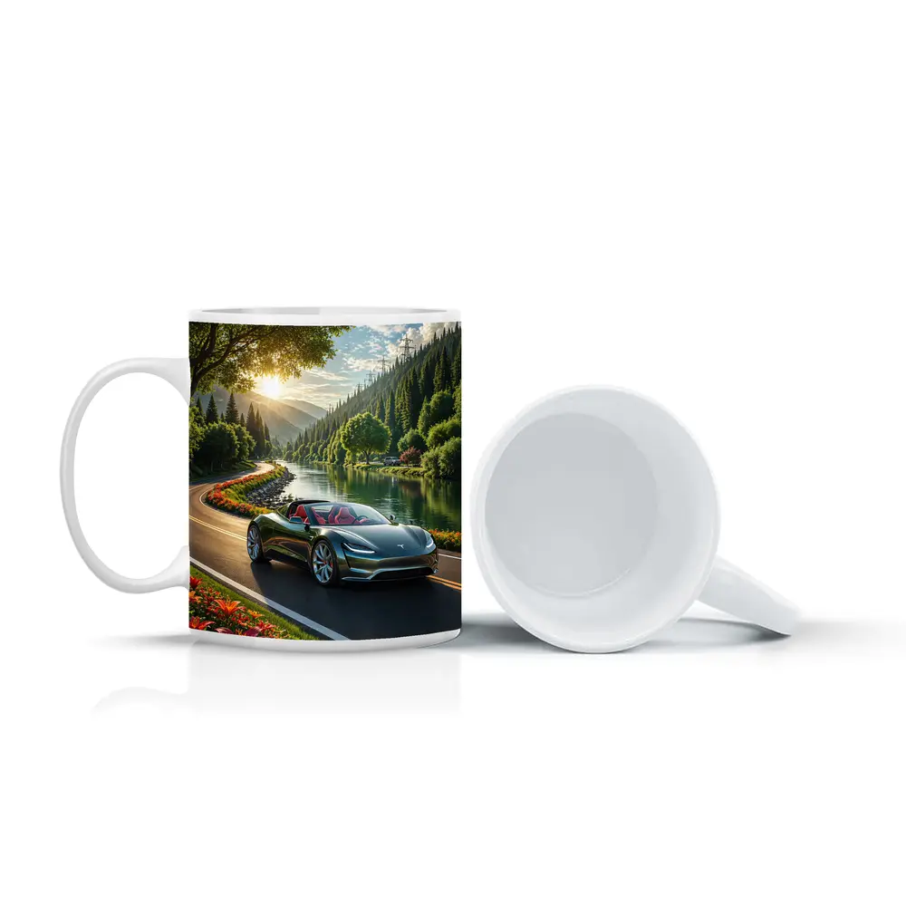 Tesla Roadster Speeding Along Scenic River Road – Mugs