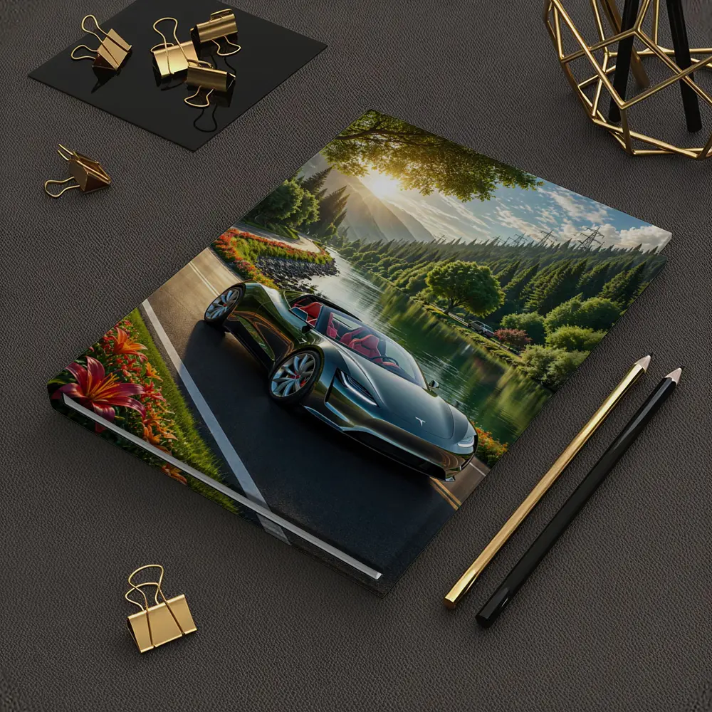 Tesla Roadster Speeding Along Scenic River Road – Notebooks